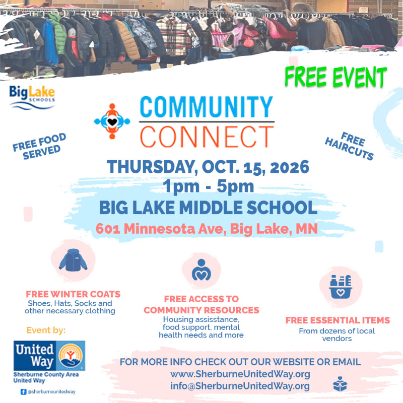 In the foreground, a flyer advertises a "Community Connect" event offering free winter coats, haircuts, food, and essential items, while the background shows racks of donated clothing.