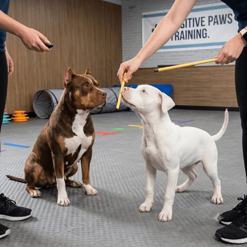 Two dogs, one brown and white and the other white, are being trained by two people in a room with agility equipment and a banner that reads "POSITIVE PAWS TRAINING."