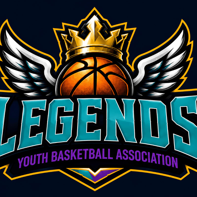 A basketball with a crown and wings sits above the teal text "LEGENDS" with "YOUTH BASKETBALL ASSOCIATION" in purple below, all on a dark background.