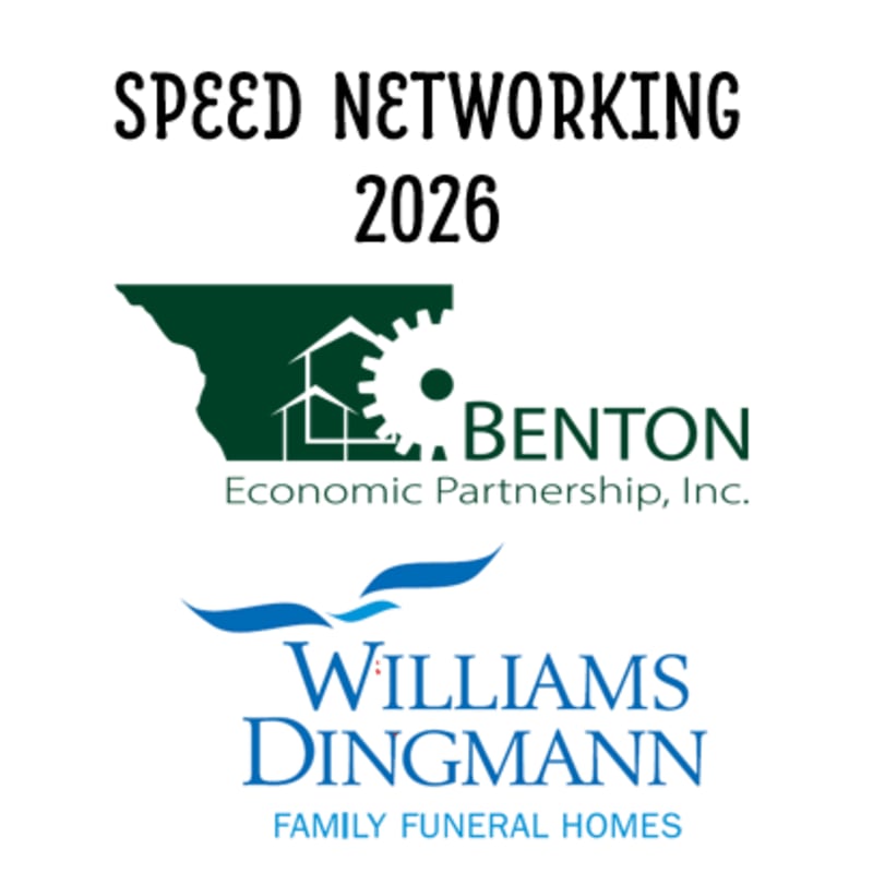 Black text announcing "SPEED NETWORKING 2026" is centered above two logos, the top one featuring a green silhouette with a gear and the name "BENTON Economic Partnership, Inc.", and the bottom one with blue swooshes above "WILLIAMS DINGMANN FAMILY FUNERAL HOMES" on a white background.