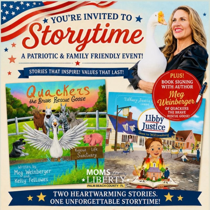 A woman and a goose are featured in the foreground with book covers and event details in the background.