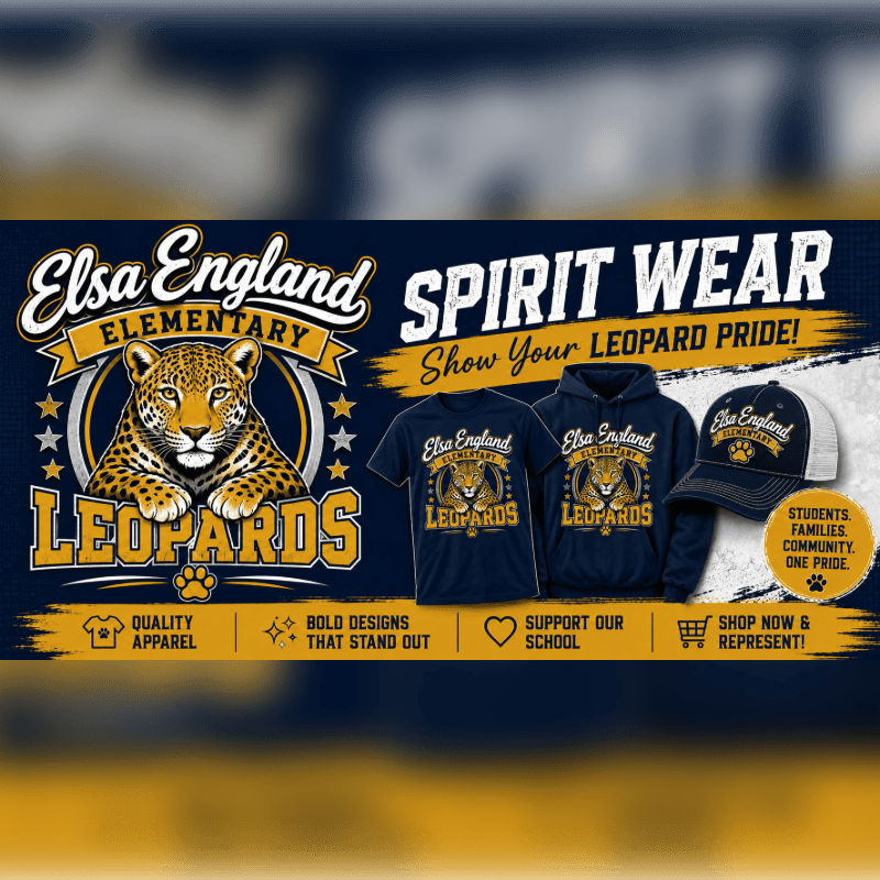 A leopard mascot is featured on spirit wear for Elsa England Elementary School, with a dark blue background and promotional text.