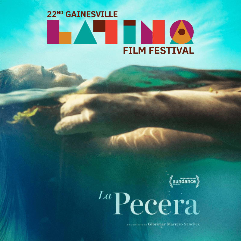 A person floats in clear blue water in the foreground, with the "22nd Gainesville Latino Film Festival" logo and "La Pecera" title in the background.