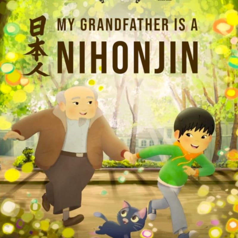 A grandfather and grandson walk hand-in-hand with a black cat in the foreground, while a soft, sunlit park with trees and buildings forms the background.