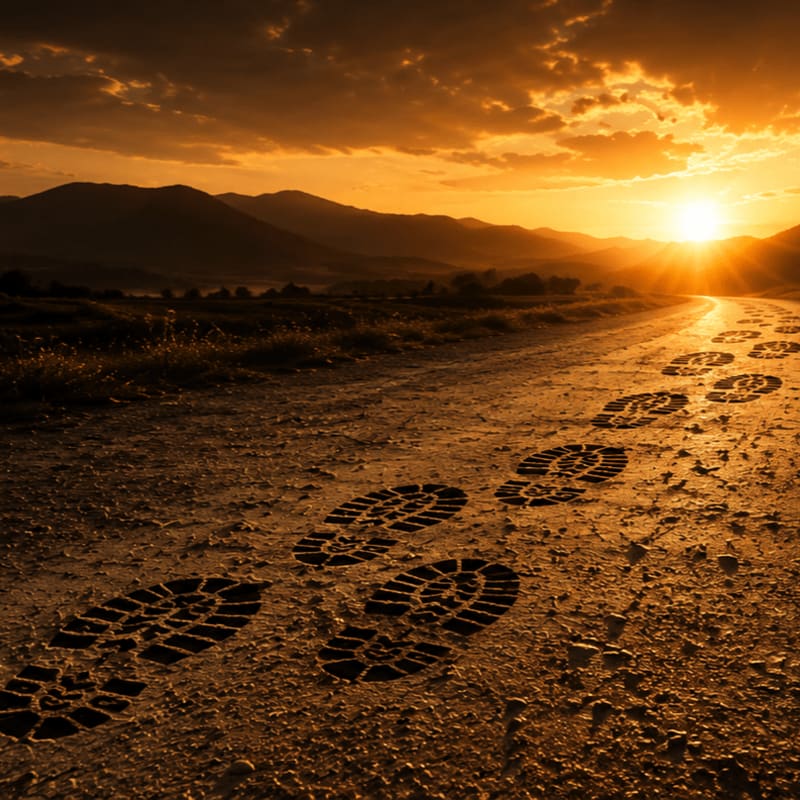 Footprints mark a dusty path leading towards a vibrant sunset over silhouetted mountains.