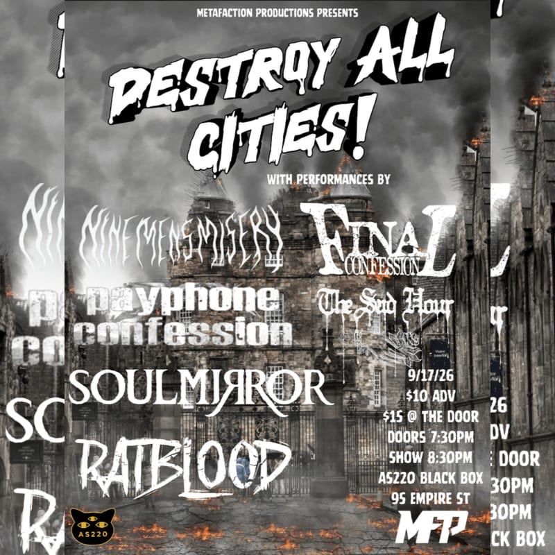 A dark, smoky background of burning buildings frames a concert poster with band names and event details in the foreground.