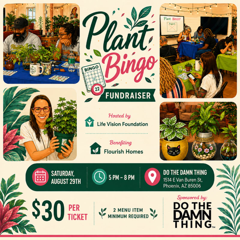 A "Plant Bingo Fundraiser" event is advertised with images of people enjoying plants and playing games in the foreground, and event details like date, time, and location in the background.