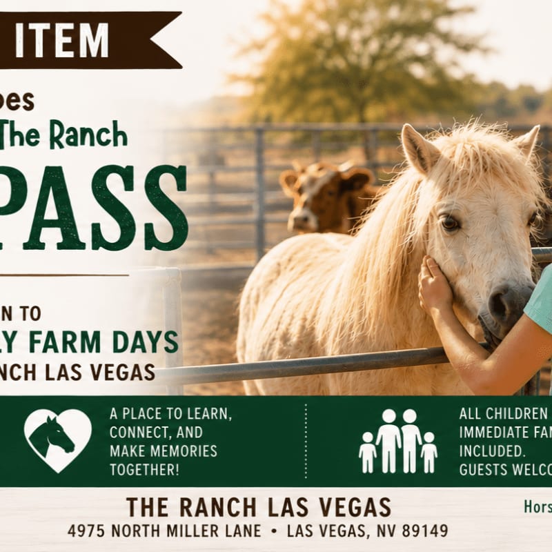 A light-colored horse is petted by a person in the foreground, with a cow visible behind a fence in the background, all overlaid with promotional text for "The Ranch Las Vegas Family Farm Days."