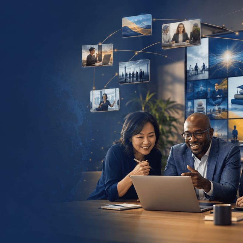Two smiling colleagues collaborate on a laptop in the foreground, while a dynamic collage of digital screens displaying various scenes fills the background.