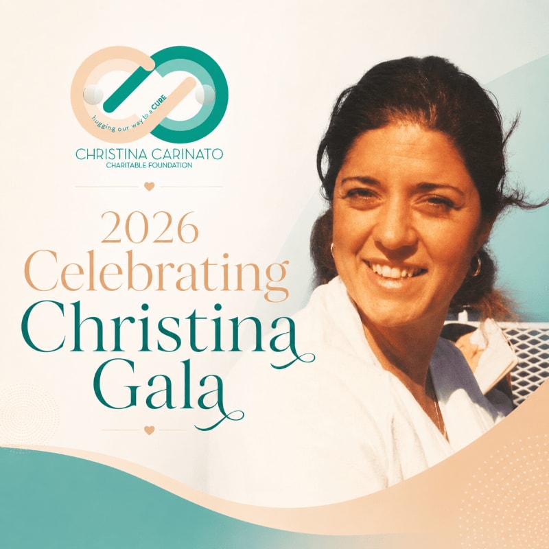A smiling woman is featured in the foreground against a background of text announcing the "2026 Celebrating Christina Gala" and the Christina Carinato Charitable Foundation logo.