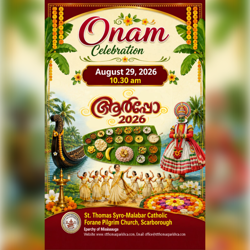 A vibrant Onam celebration poster features a traditional boat and dancers in the foreground against a backdrop of palm trees and festive decorations.