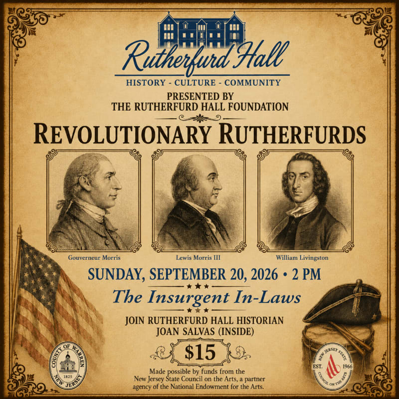 An American flag and revolutionary-era artifacts are in the foreground, while portraits of historical figures and event details are displayed against a textured, parchment-like background.