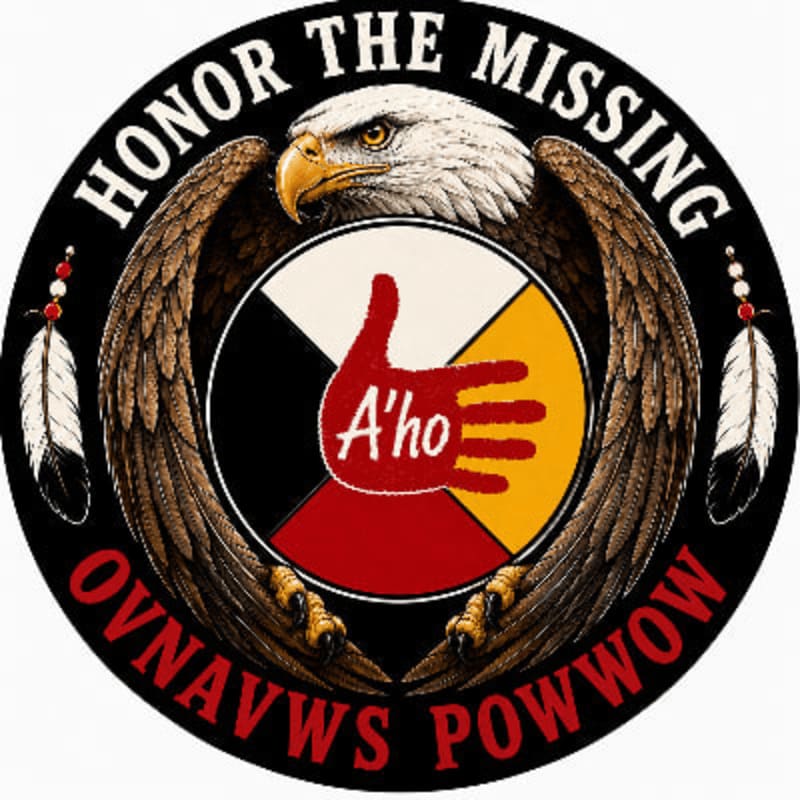 A powerful eagle with outstretched wings frames a circular emblem featuring a red handprint with "A'ho" inside, set against a backdrop of traditional Native American colors, all surrounded by the words "HONOR THE MISSING OVNAVWS POWWOW."
