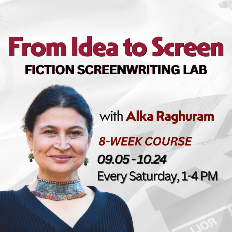 A woman with a beaded necklace smiles in the foreground, with text about a fiction screenwriting lab and dates in the background.