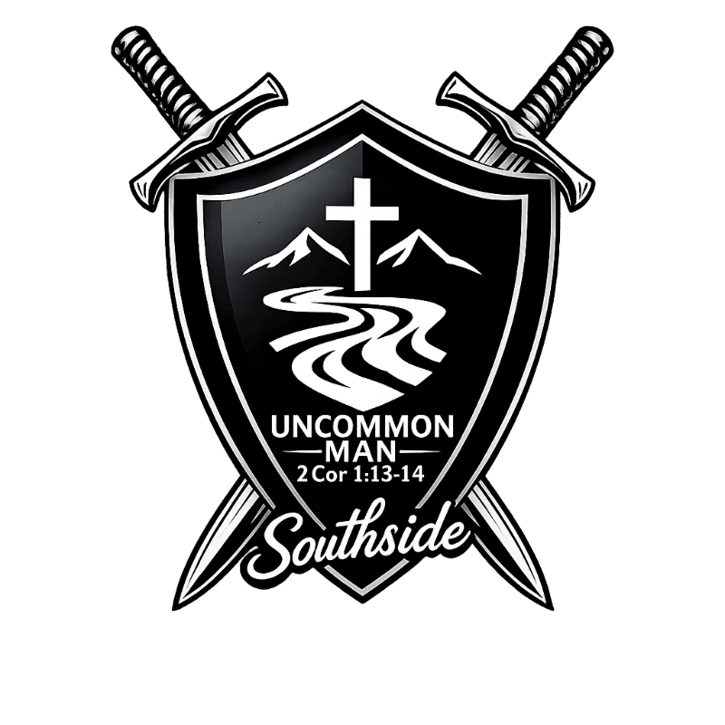 Two crossed swords frame a shield with a mountain and river scene behind a cross, all set against a white background.