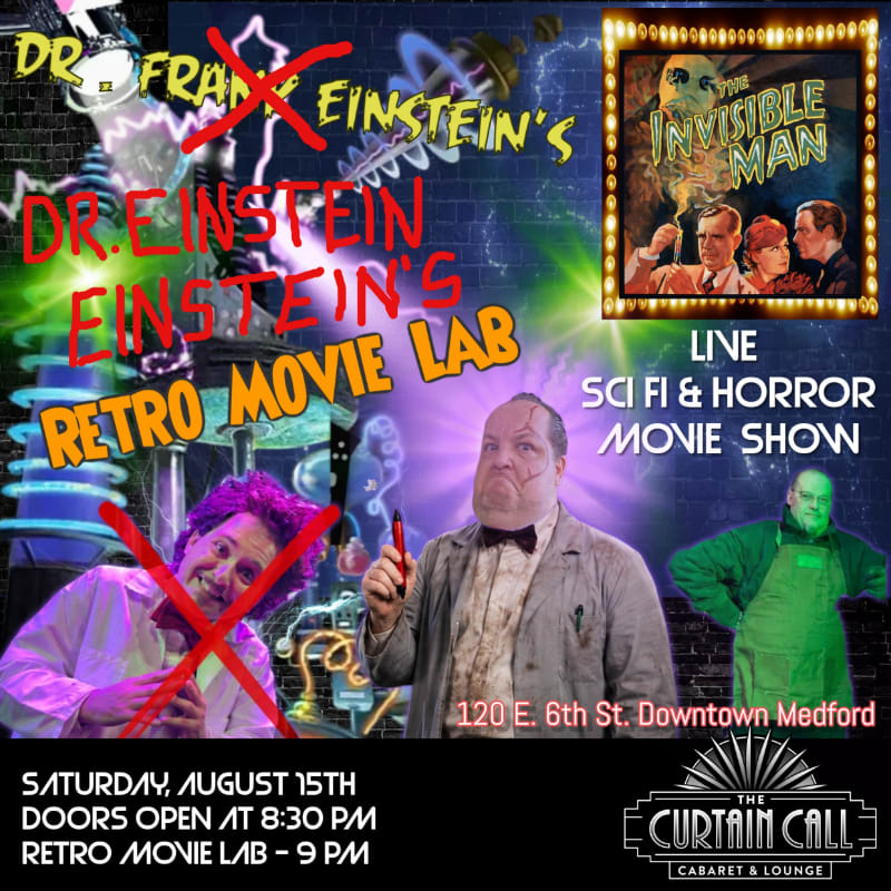 In the foreground, three men in costumes stand in front of a brick wall, while the background features a vintage movie poster for "The Invisible Man" and event details.