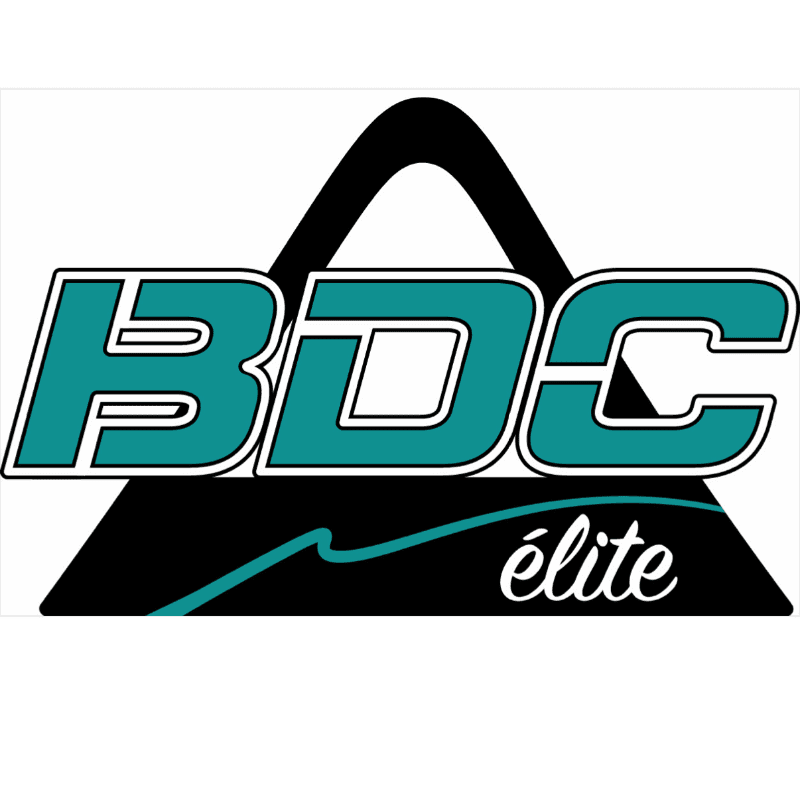 Teal letters spelling "BDC" with a white outline sit in front of a black triangle with a teal wavy line, all on a white background.