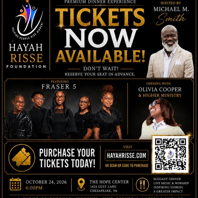 A group of five young people and a woman are featured in the foreground, while the background displays event details for the Hayah Risse Foundation's premium dinner experience.
