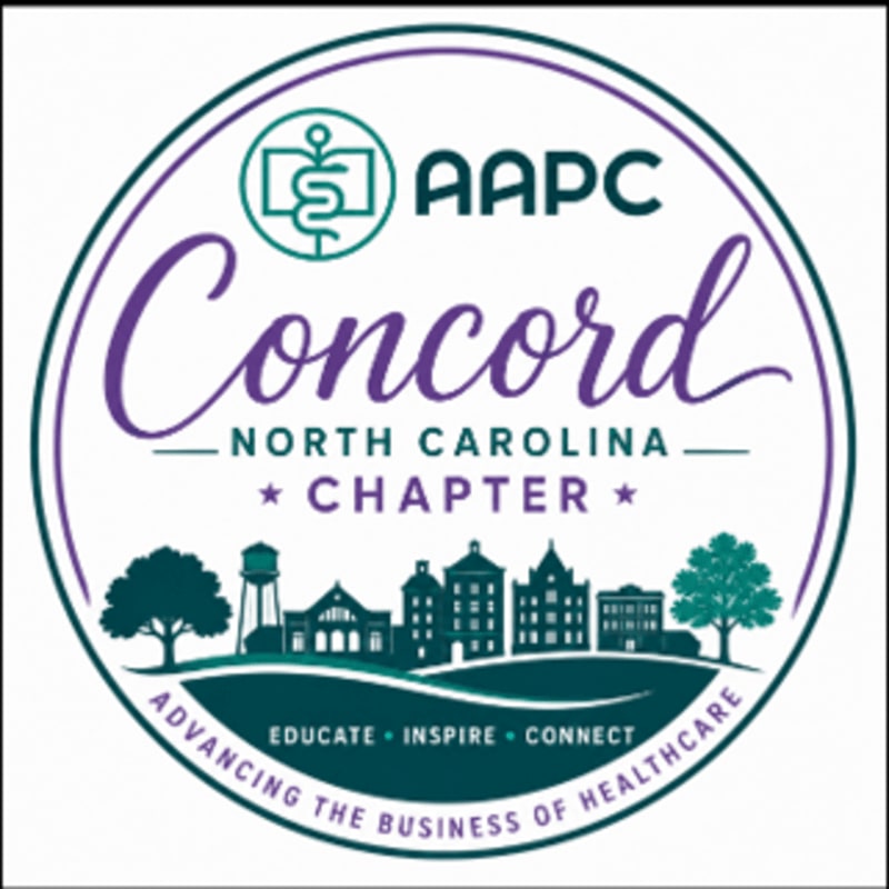 A circular logo features the AAPC Concord North Carolina Chapter name and motto in the foreground, with a silhouette of a town and trees in the background.