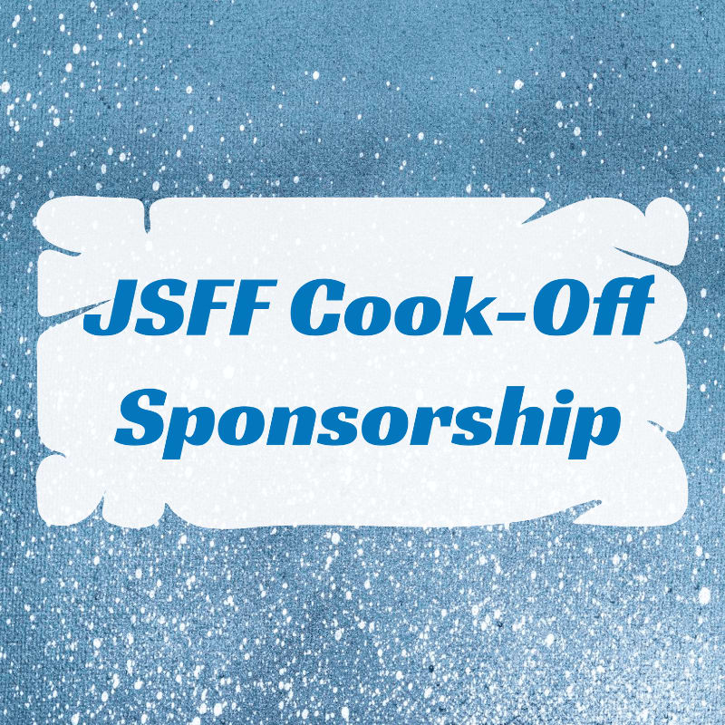 A white, irregular shape with blue text reading "JSFF Backyard Bash Sponsorship" is centered on a blue background with white speckles.