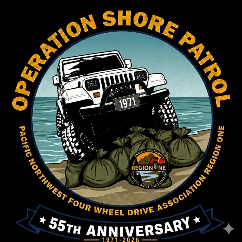 A white Jeep Wrangler is parked on a sandy beach with several sandbags in front of it, set against a backdrop of the ocean and sky, all within a circular emblem that reads "OPERATION SHORE PATROL" and "55TH ANNIVERSARY".