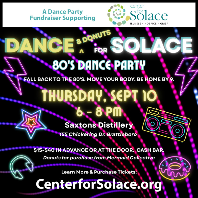 Neon 80s graphics and event details for a "Dance & Donuts for Solace" fundraiser are set against a dark, sparkly background.