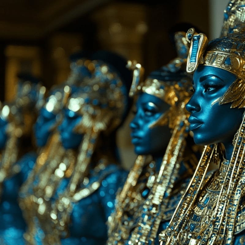 A row of blue-skinned figures adorned in ornate gold Egyptian headdresses and jewelry stand in sharp focus in the foreground, with blurred, dimly lit columns and architectural details receding into the background.