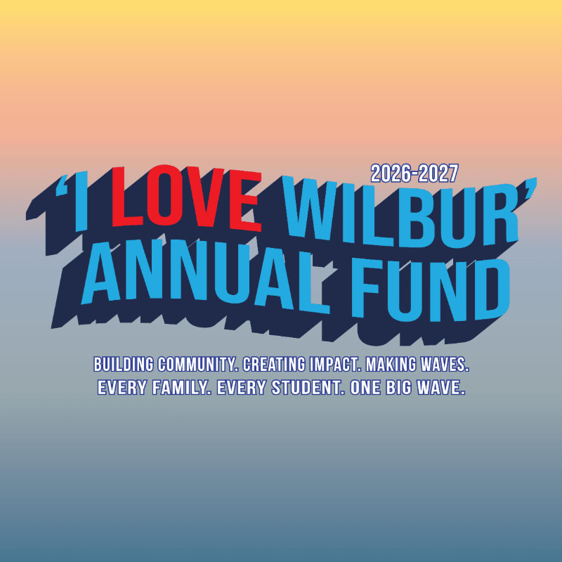 Bold blue and red text proclaiming "I LOVE WILBUR ANNUAL FUND" with the years "2026-2027" above it is set against a gradient background of yellow, orange, and blue.