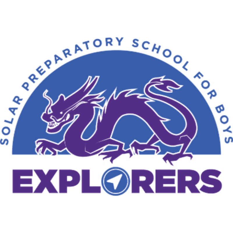 A purple dragon is depicted in the foreground against a blue background with text that reads "SOLAR PREPARATORY SCHOOL FOR BOYS EXPLORERS".