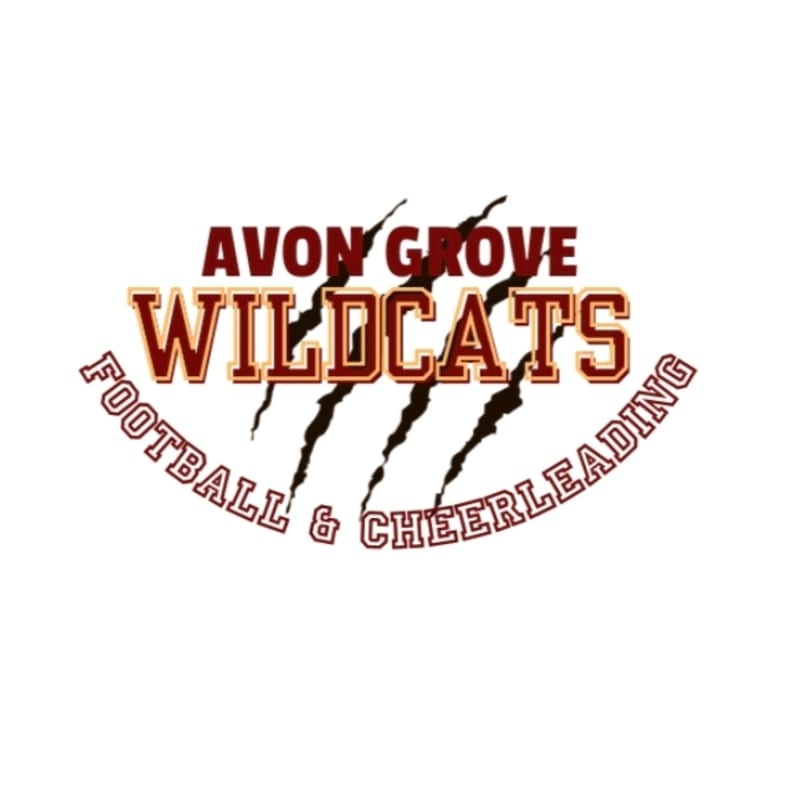 In the foreground, bold maroon and gold text reads "AVON GROVE WILDCATS FOOTBALL & CHEERLEADING" with claw marks behind it, all set against a plain white background.