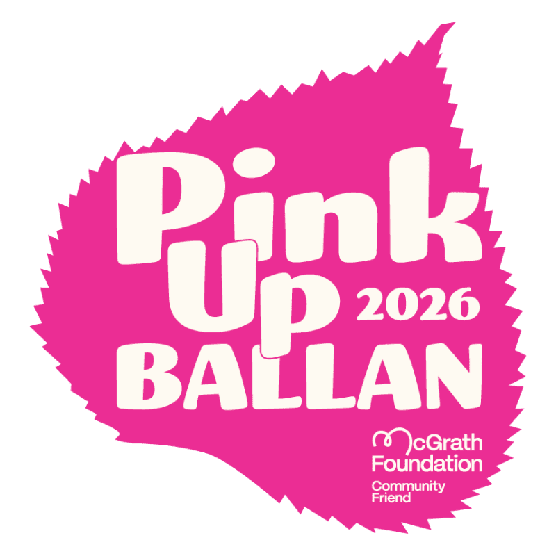 A bright pink leaf-shaped graphic with white text reading "Pink Up 2026 BALLAN" and the McGrath Foundation logo is set against a plain white background.