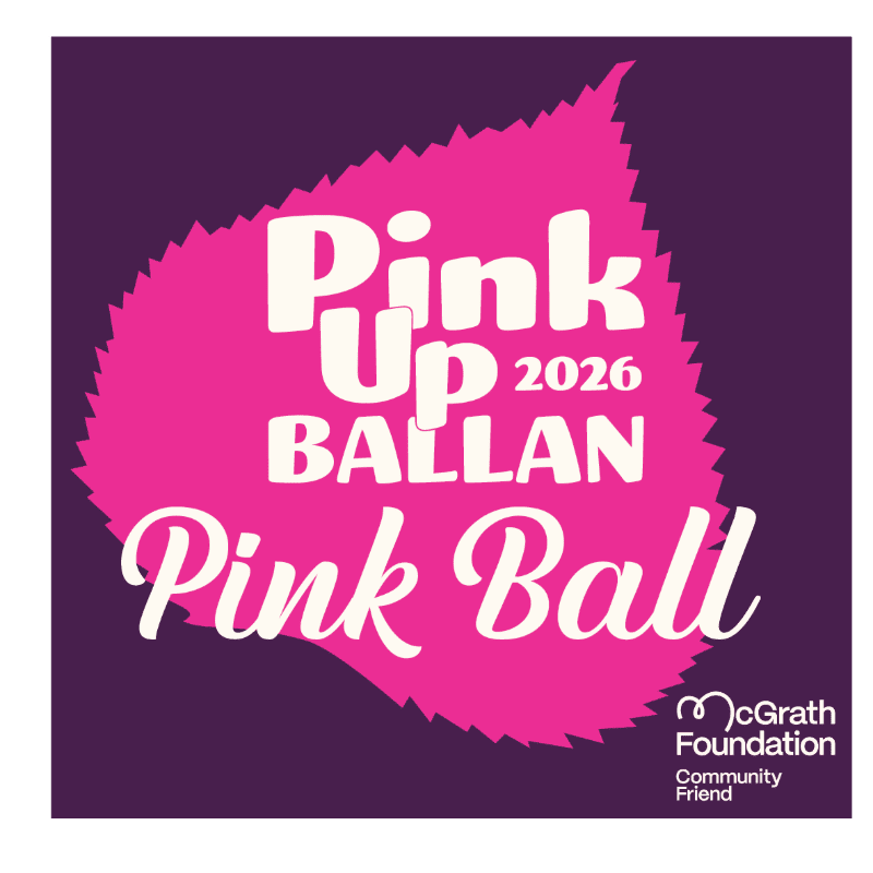 A bright pink leaf with white text reading "Pink Up 2026 BALLAN Pink Ball" is centered on a dark purple background, with the McGrath Foundation logo in the bottom right corner.