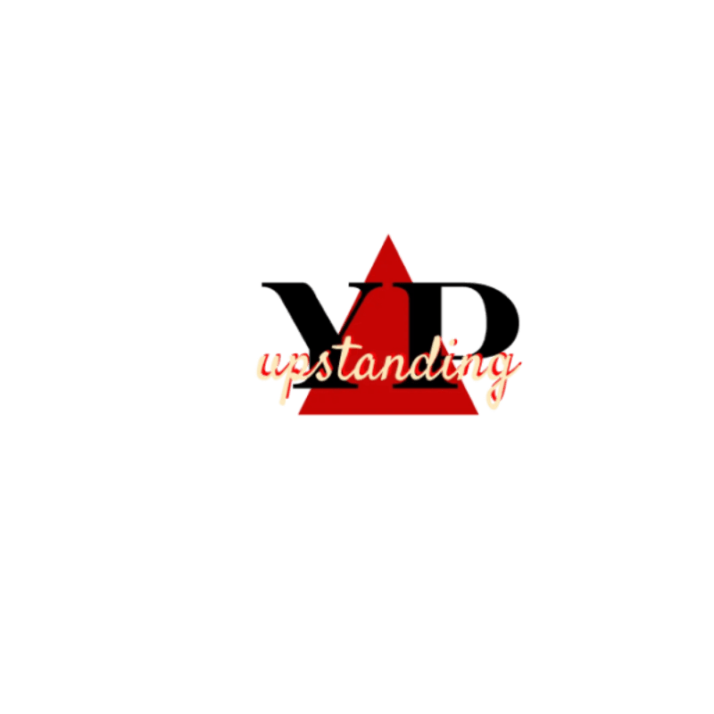 Black letters "YD" and the word "upstanding" in orange are superimposed on a red triangle against a white background.