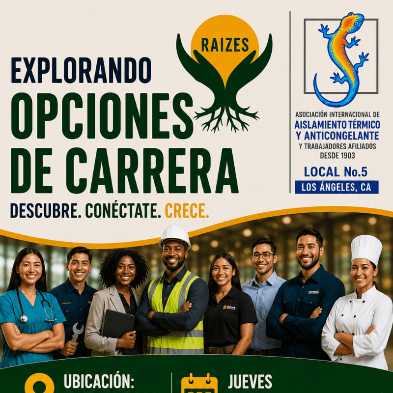 A group of diverse professionals stands smiling in the foreground, with a poster advertising career options in the background.