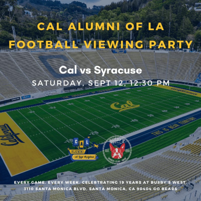 A football stadium with "Cal Alumni of LA Football Viewing Party" text overlayed in the foreground, and a hillside with houses in the background.