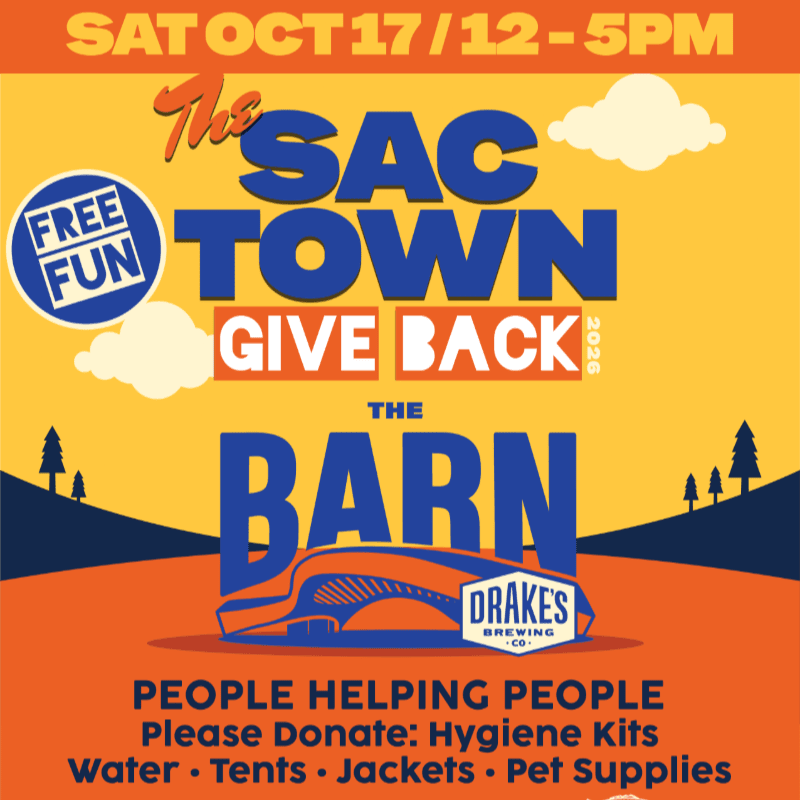A bright orange and yellow flyer advertises "The Sac Town Give Back" event at "The Barn" by Drake's Brewing Co. on Saturday, October 17th from 12-5 PM, with a blue "Free Fun" circle in the upper left and a stylized barn graphic in the foreground.