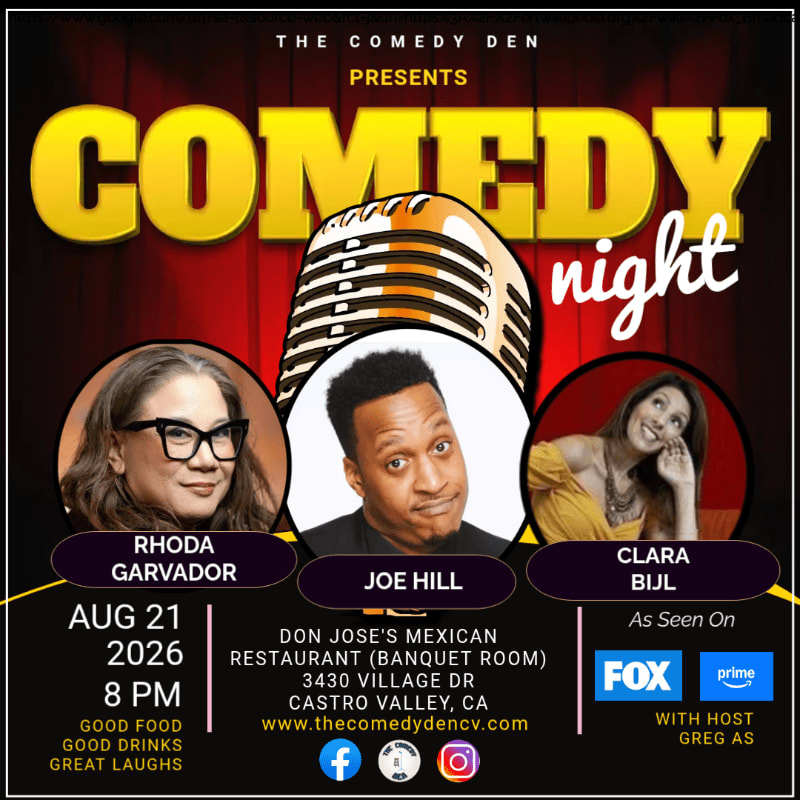 A comedy night poster features three comedians in the foreground against a red curtain background.