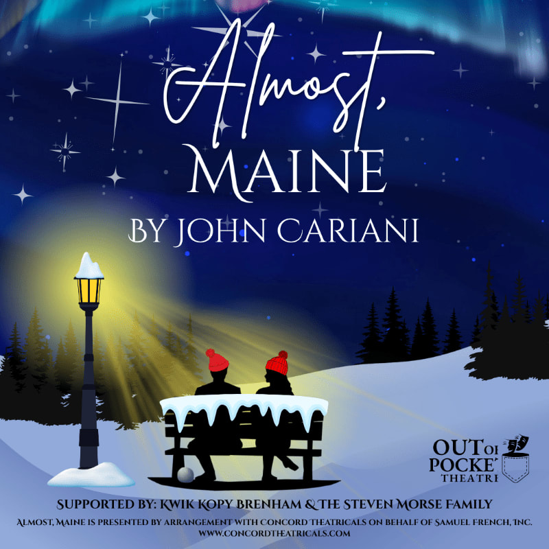 A silhouetted couple sits on a snowy bench under a glowing lamppost in the foreground, while the aurora borealis illuminates the night sky above a dark forest in the background.