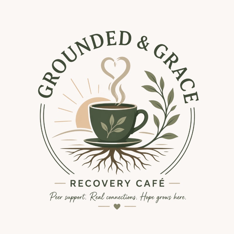 A steaming coffee cup with roots and a plant in the foreground sits against a backdrop of a rising sun and the words "GROUNDED & GRACE RECOVERY CAFÉ".