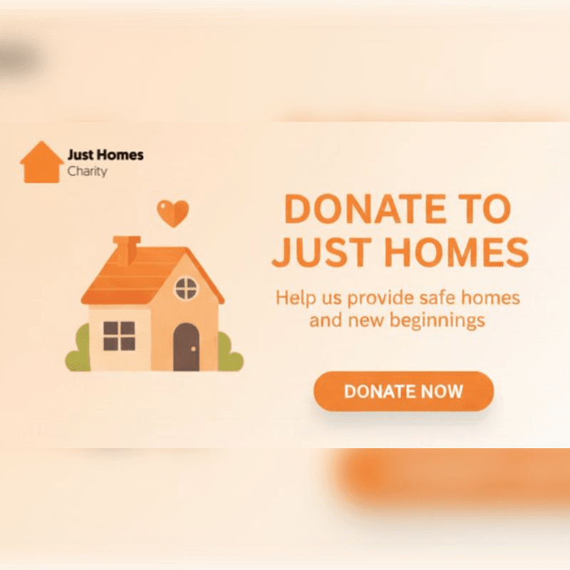A cartoon house with a heart floats in the foreground against a soft orange gradient background with a "Donate Now" button.