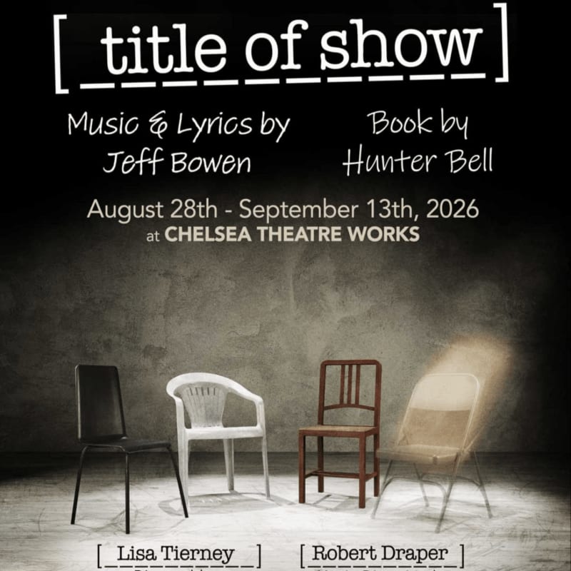 Four chairs of varying styles are arranged on a stage with the play's title and production details displayed above and below.
