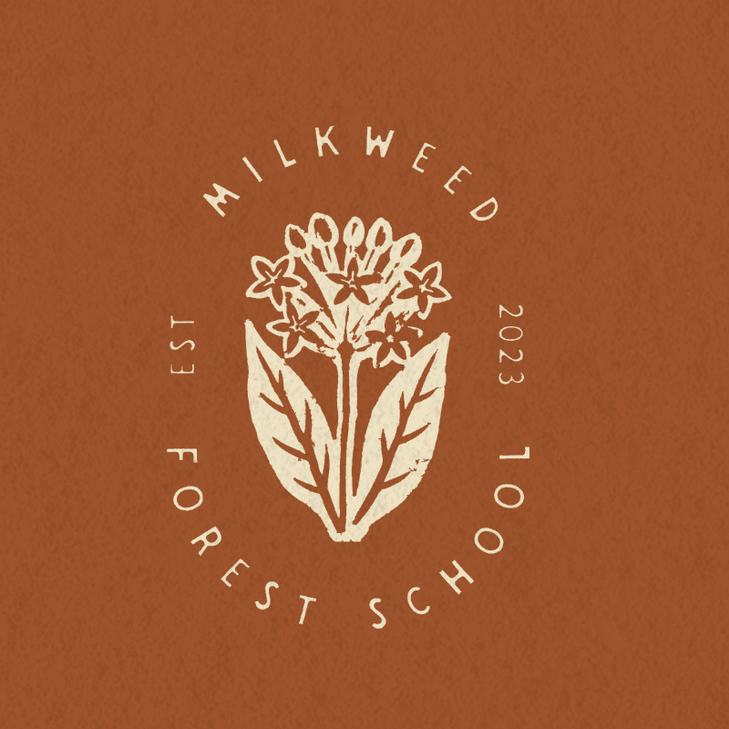 A cream-colored illustration of a milkweed plant with text in a circular arrangement is set against a rust-colored background.