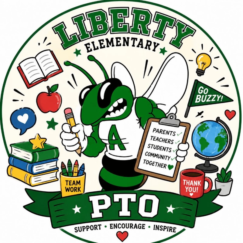 A cartoon bee mascot holding a clipboard and pencil stands in front of a circular emblem with "Liberty Elementary PTO" at the top and bottom, surrounded by school-related icons.