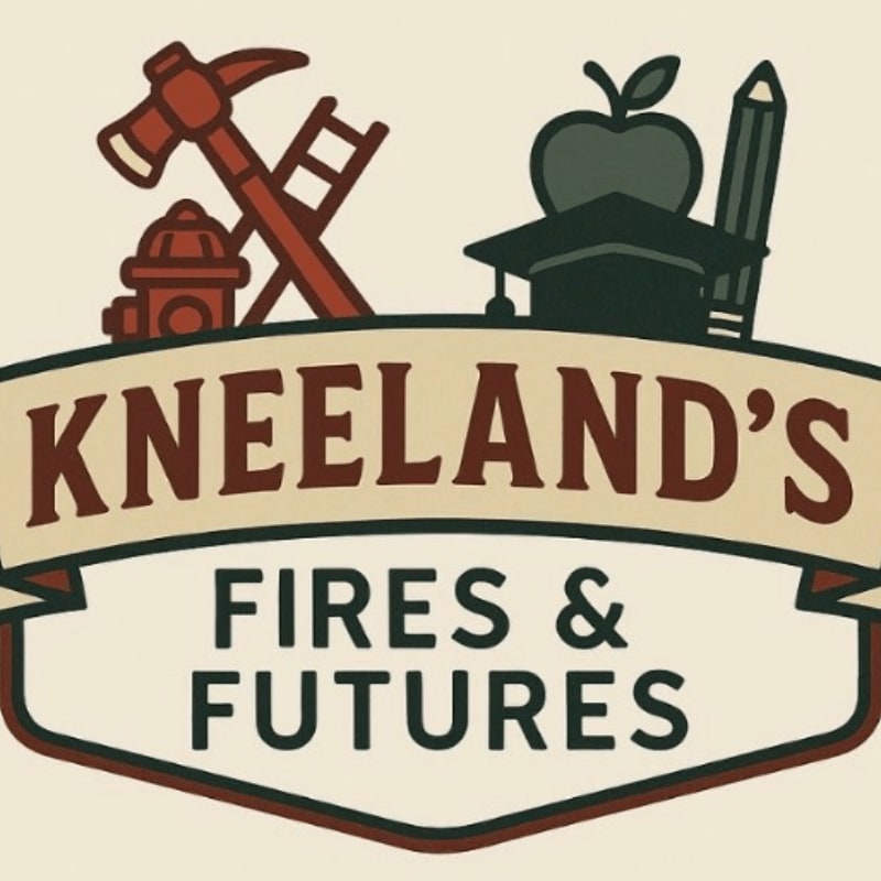 In the foreground, a banner reads "KNEELAND'S FIRES & FUTURES," while the background features symbols of firefighting and education.