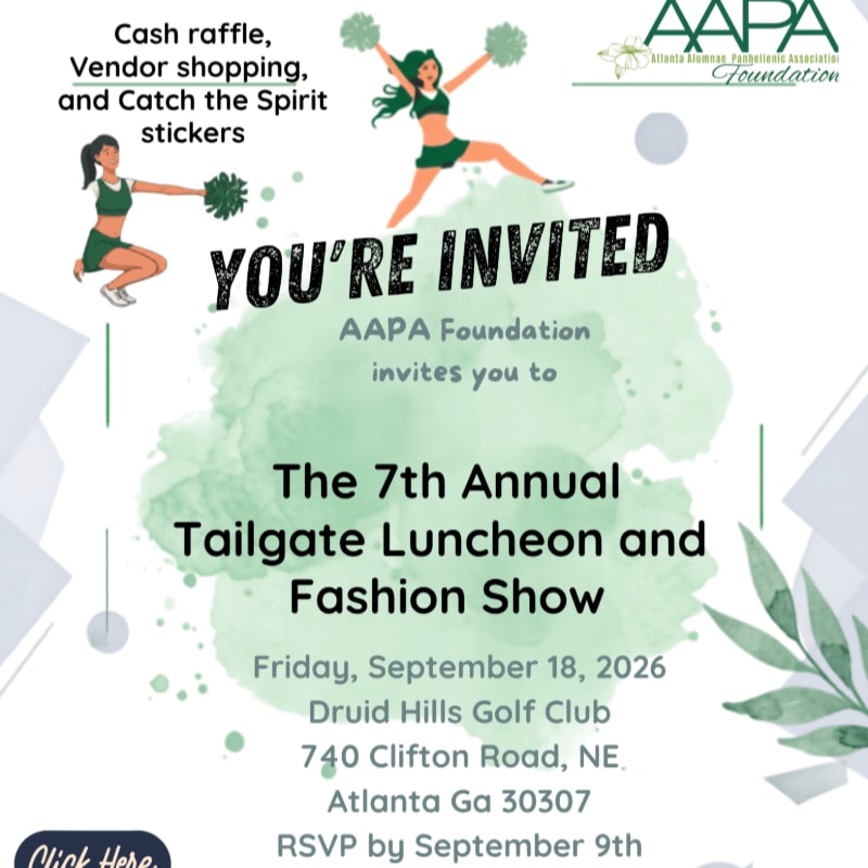 Two cartoon cheerleaders in green outfits are featured in the foreground, while the background displays an invitation to the 7th Annual Tailgate Luncheon and Fashion Show hosted by the AAPA Foundation.