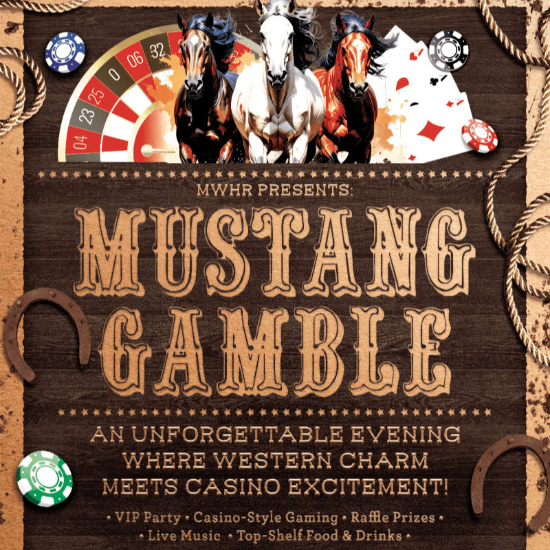 Horses gallop across a roulette wheel and casino chips in the background, while the foreground features rustic wooden planks, horseshoes, and rope accents.