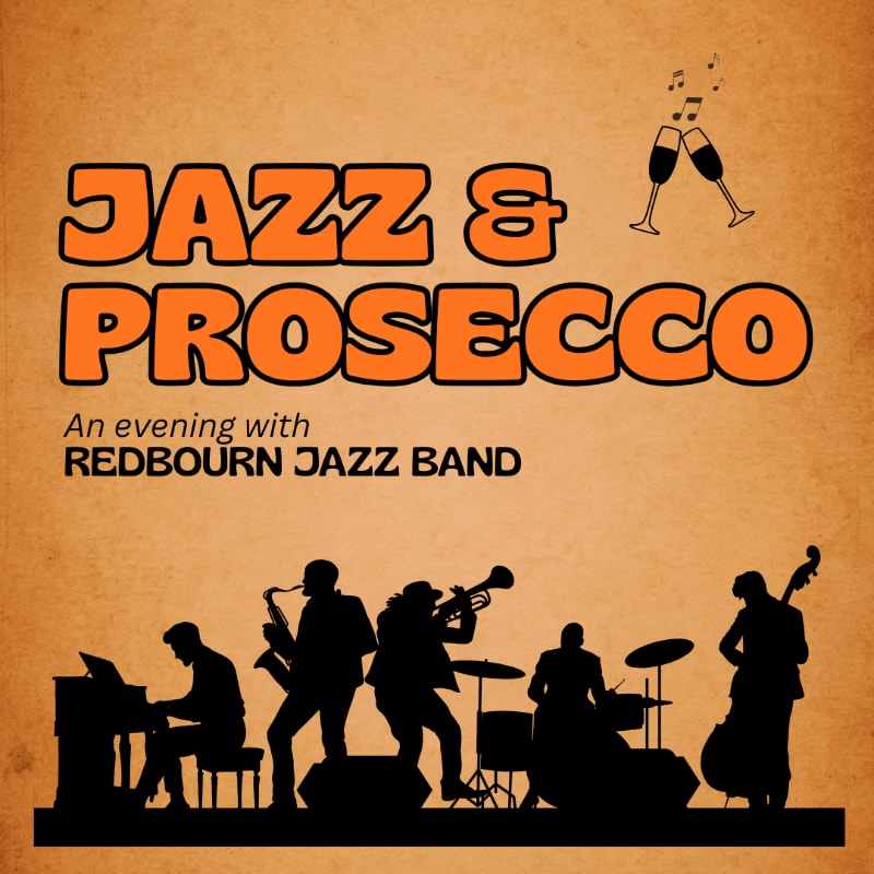 Silhouetted jazz musicians perform on a stage in the foreground against a textured orange background with "JAZZ & PROSECCO" and champagne glasses in the upper right.