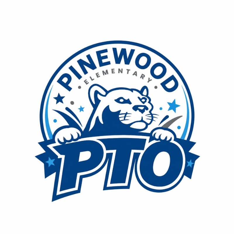 A blue panther head peeks over a banner that reads "PTO" in large letters, with "PINEWOOD ELEMENTARY" arched above in a circle, all set against a white background.