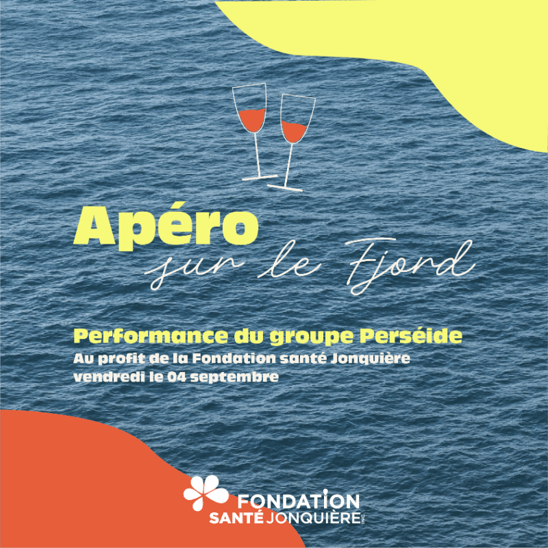 Two glasses of red wine are in the foreground against a rippling blue water background, with text announcing an "Apéro sur le Fjord" performance for the Fondation Santé Jonquière.