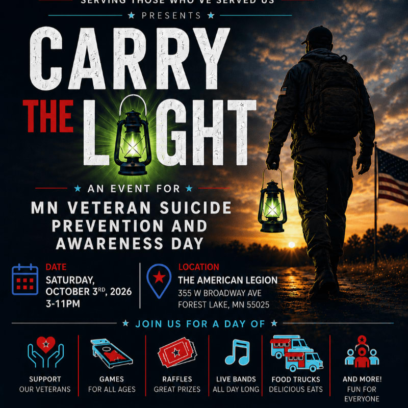 A lone figure carrying lanterns walks towards an American flag at sunset, promoting an event for MN Veteran Suicide Prevention and Awareness Day.